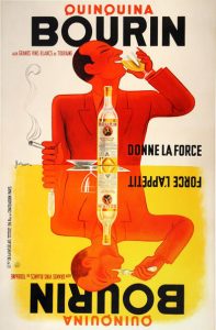 Quinquina Bourin poster showing orange man with receding black hair , smoking cigarette in right hand and drinking from glass in left hand. Image reflected with yellow background in bottom half of poster.